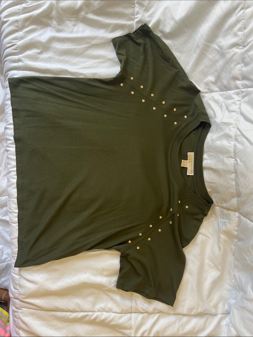 Michael Kors Olive Green Short-Sleeve Tee with Gold Studs